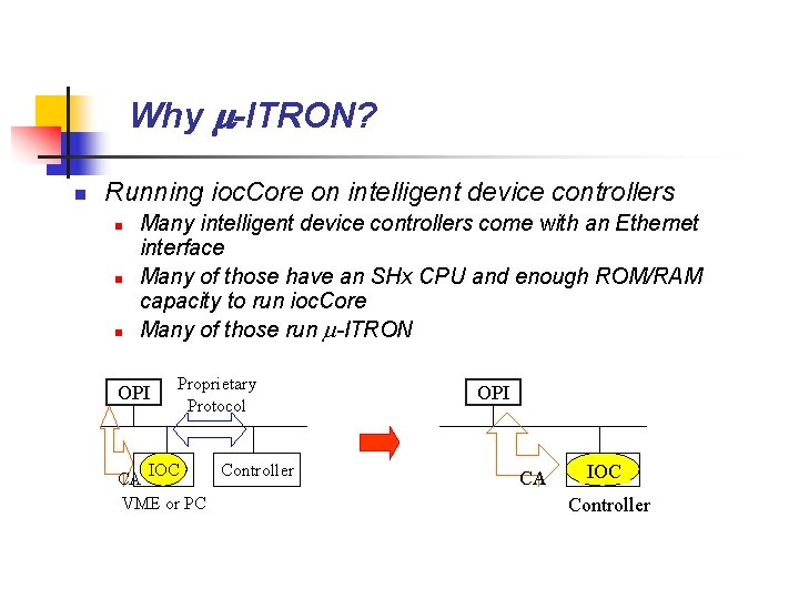 Why -ITRON? n Running ioc. Core on intelligent device controllers n n n Many