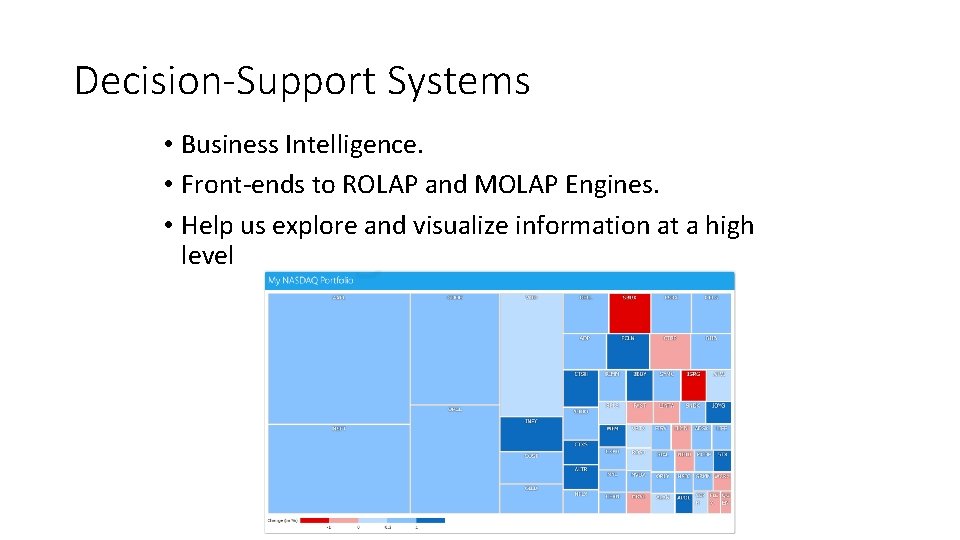 Decision-Support Systems • Business Intelligence. • Front-ends to ROLAP and MOLAP Engines. • Help