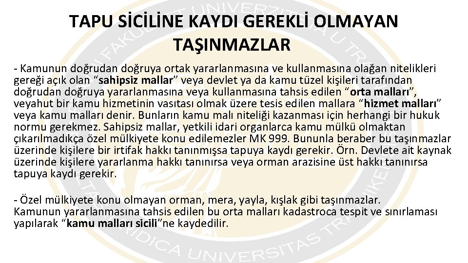 TAPU SİCİLİNE KAYDI GEREKLİ OLMAYAN TAŞINMAZLAR - Kamunun doğrudan doğruya ortak yararlanmasına ve kullanmasına