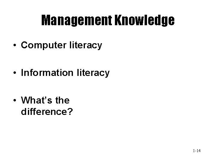 Management Knowledge • Computer literacy • Information literacy • What’s the difference? 1 -14