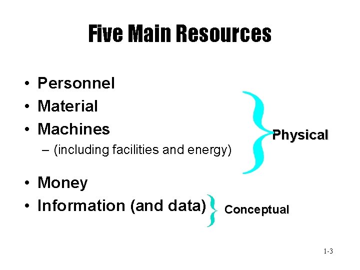 Five Main Resources • Personnel • Material • Machines – (including facilities and energy)