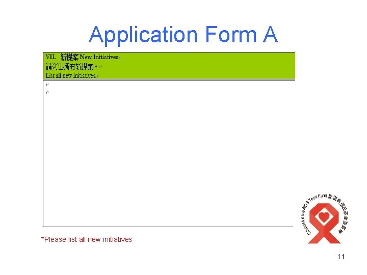 Application Form A *Please list all new initiatives 11 