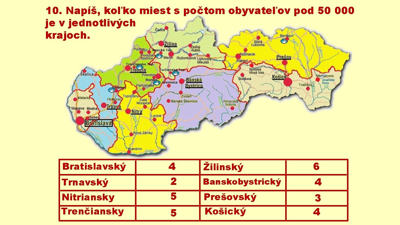 10. Napíš, koľko miest s počtom obyvateľov pod 50 000 je v jednotlivých krajoch.