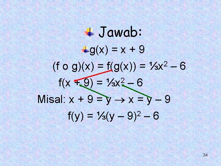 Jawab: g(x) = x + 9 (f o g)(x) = f(g(x)) = ⅓x 2 Jawab: g(x) = x + 9 (f o g)(x) = f(g(x)) = ⅓x 2
