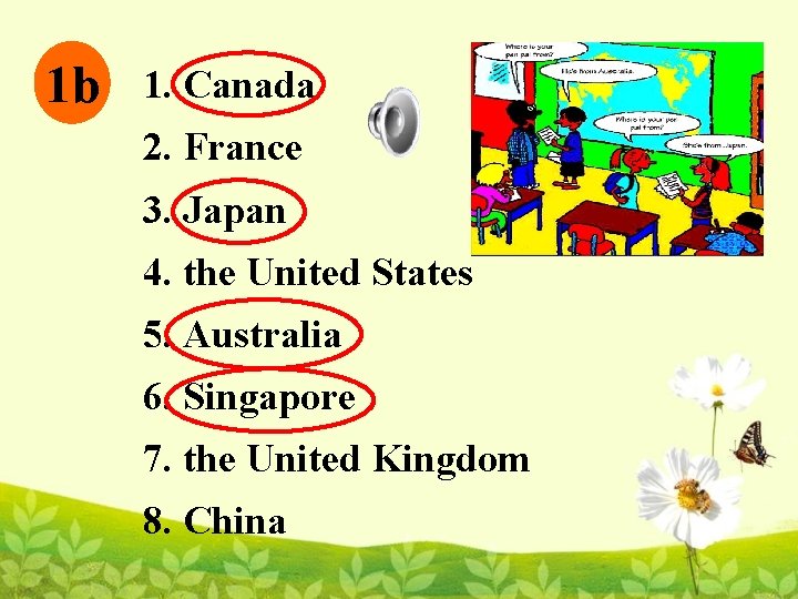 1 b 1. Canada 2. France 3. Japan 4. the United States 5. Australia