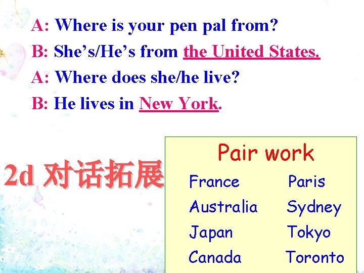 A: Where is your pen pal from? B: She’s/He’s from the United States. A: