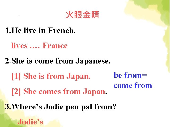 火眼金睛 1. He live in French. lives …. France 2. She is come from