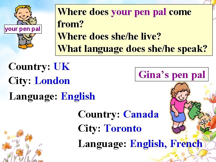 your pen pal Where does your pen pal come from? Where does she/he live?