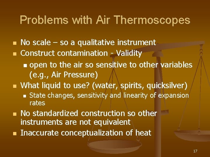 Problems with Air Thermoscopes No scale – so a qualitative instrument Construct contamination -