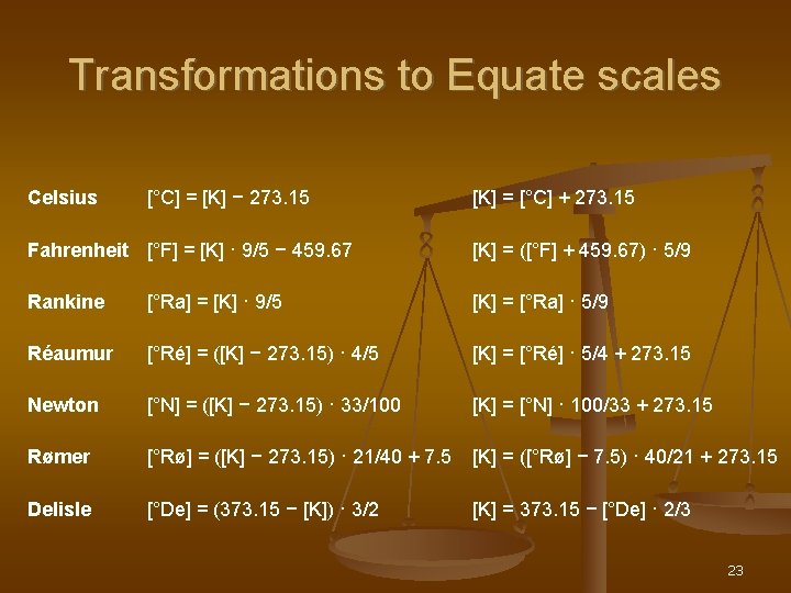 Transformations to Equate scales Celsius [°C] = [K] − 273. 15 [K] = [°C]