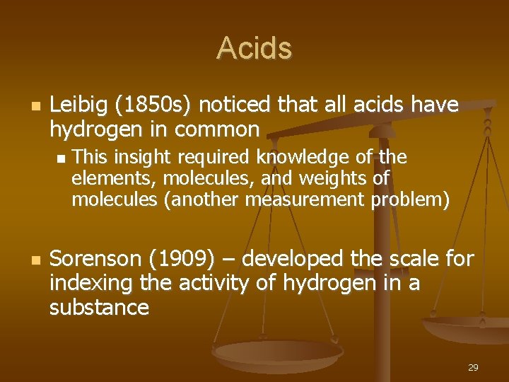 Acids Leibig (1850 s) noticed that all acids have hydrogen in common This insight