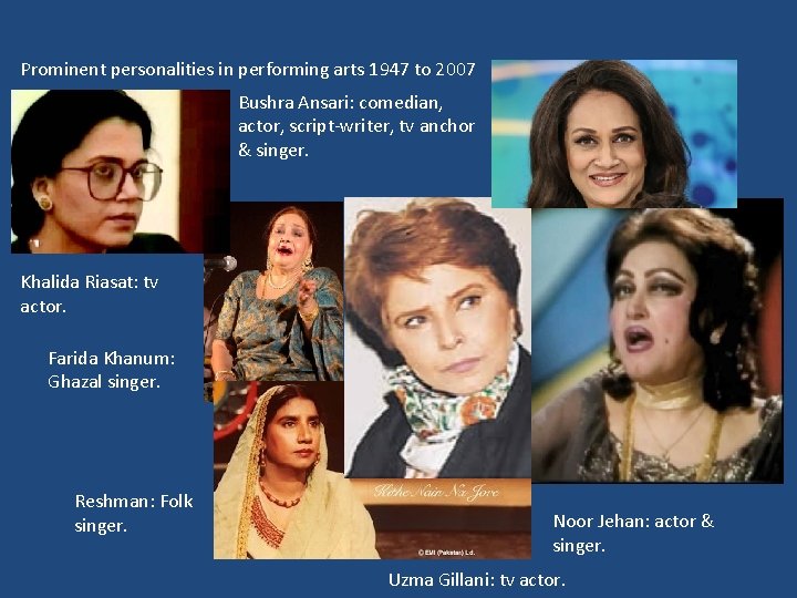 Prominent personalities in performing arts 1947 to 2007 Bushra Ansari: comedian, actor, script-writer, tv