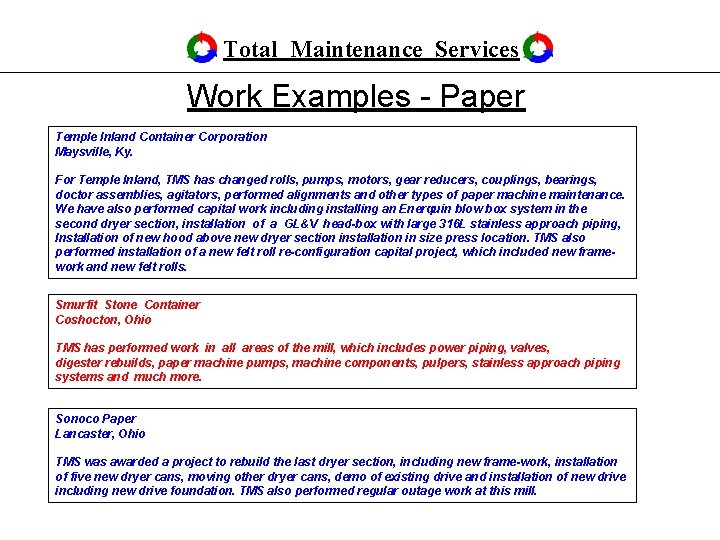 Total Maintenance Services Work Examples - Paper Temple Inland Container Corporation Maysville, Ky. For Total Maintenance Services Work Examples - Paper Temple Inland Container Corporation Maysville, Ky. For