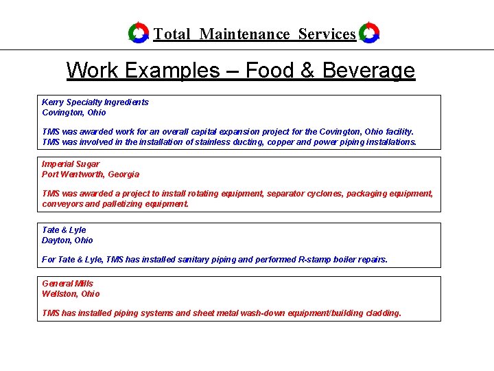 Total Maintenance Services Work Examples – Food & Beverage Kerry Specialty Ingredients Covington, Ohio Total Maintenance Services Work Examples – Food & Beverage Kerry Specialty Ingredients Covington, Ohio