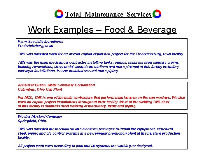 Total Maintenance Services Work Examples – Food & Beverage Kerry Specialty Ingredients Fredericksburg, Iowa Total Maintenance Services Work Examples – Food & Beverage Kerry Specialty Ingredients Fredericksburg, Iowa