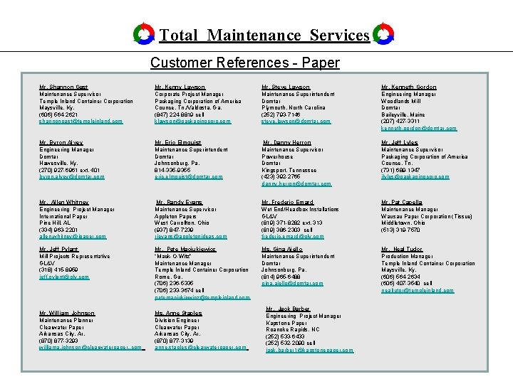 Total Maintenance Services Customer References - Paper Mr. Shannon Gast Maintenance Supervisor Temple Inland Total Maintenance Services Customer References - Paper Mr. Shannon Gast Maintenance Supervisor Temple Inland
