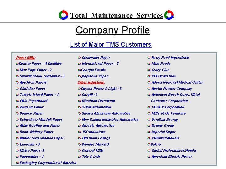 Total Maintenance Services Company Profile List of Major TMS Customers Paper Mills: Clearwater Paper Total Maintenance Services Company Profile List of Major TMS Customers Paper Mills: Clearwater Paper