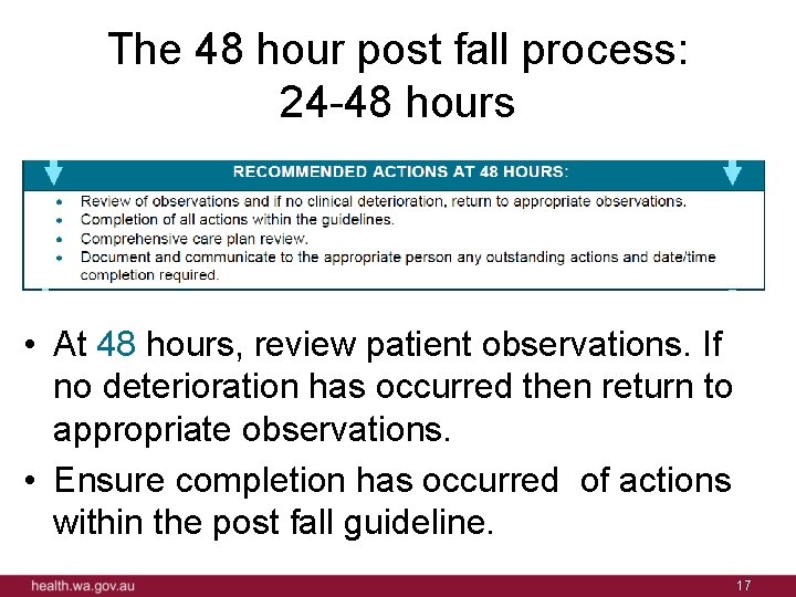 The 48 hour post fall process: 24 -48 hours • At 48 hours, review