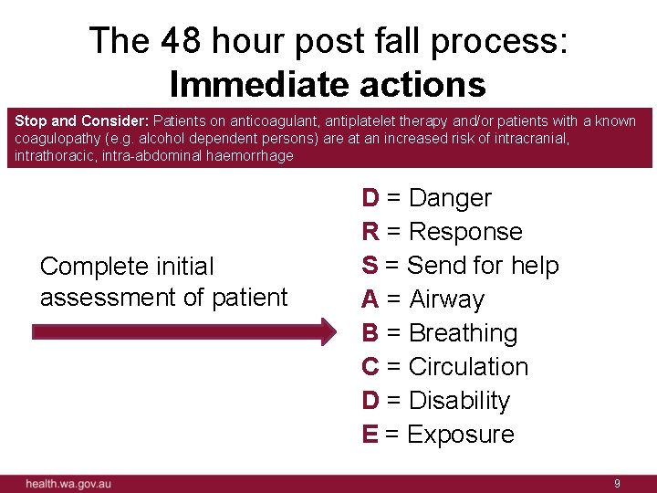 The 48 hour post fall process: Immediate actions Stop and Consider: Patients on anticoagulant,