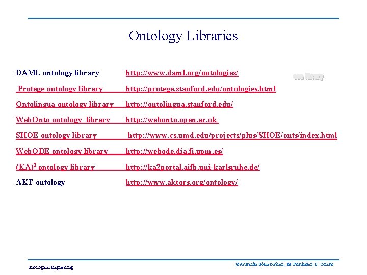 Ontology Libraries DAML ontology library http: //www. daml. org/ontologies/ Protege ontology library http: //protege.