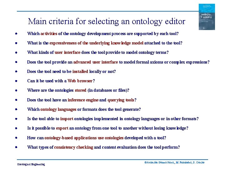 Main criteria for selecting an ontology editor · Which activities of the ontology development