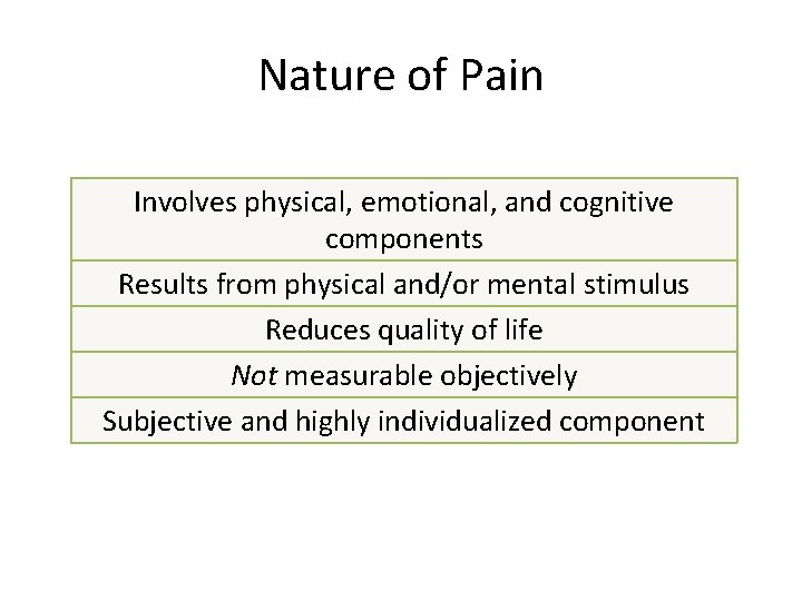 Nature of Pain Involves physical, emotional, and cognitive components Results from physical and/or mental