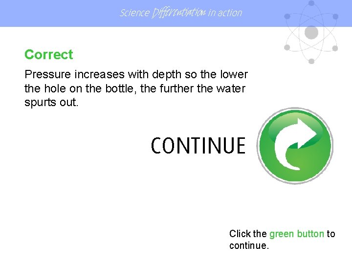 Science Differentiation in action Correct Pressure increases with depth so the lower the hole