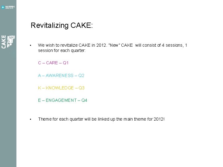 Revitalizing CAKE: • We wish to revitalize CAKE in 2012. ”New” CAKE will consist