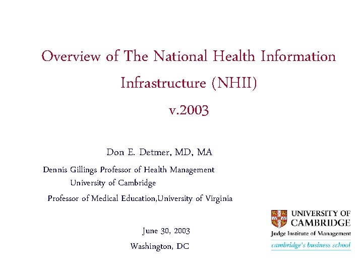 Overview of The National Health Information Infrastructure (NHII) v. 2003 Don E. Detmer, MD,