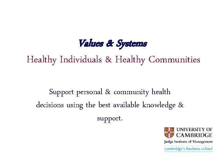 Values & Systems Healthy Individuals & Healthy Communities Support personal & community health decisions