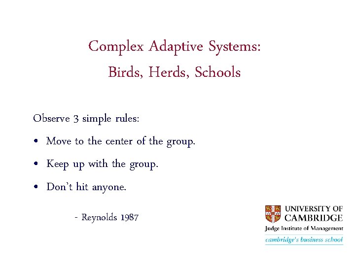 Complex Adaptive Systems: Birds, Herds, Schools Observe 3 simple rules: • Move to the