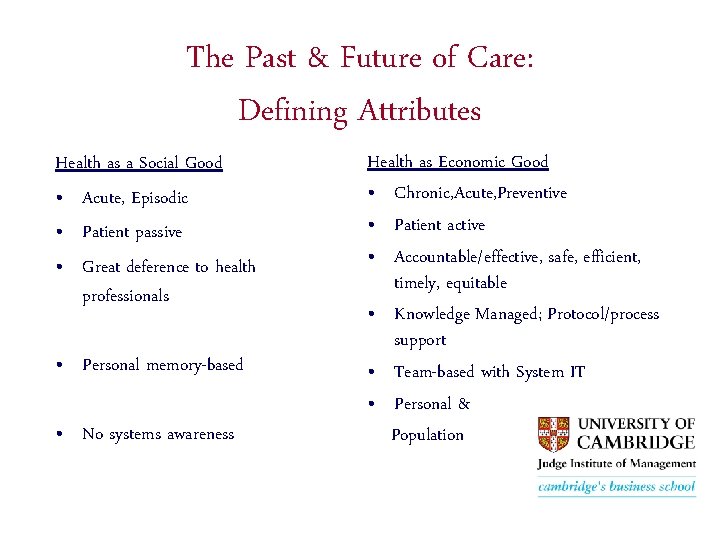 The Past & Future of Care: Defining Attributes Health as a Social Good •