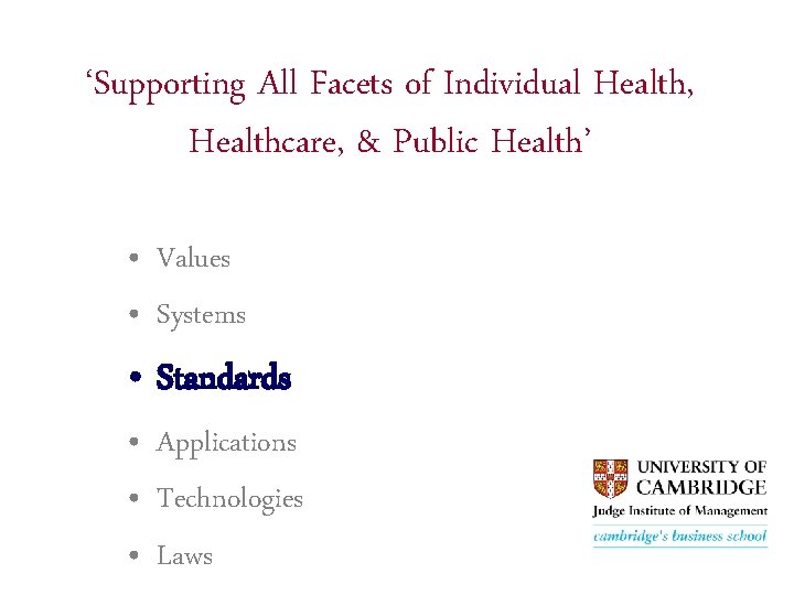 ‘Supporting All Facets of Individual Health, Healthcare, & Public Health’ • Values • Systems