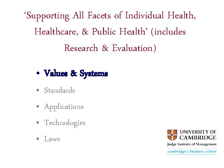 ‘Supporting All Facets of Individual Health, Healthcare, & Public Health’ (includes Research & Evaluation)