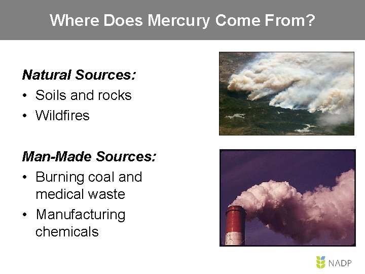 Where Does Mercury Come From? Natural Sources: • Soils and rocks • Wildfires Man-Made