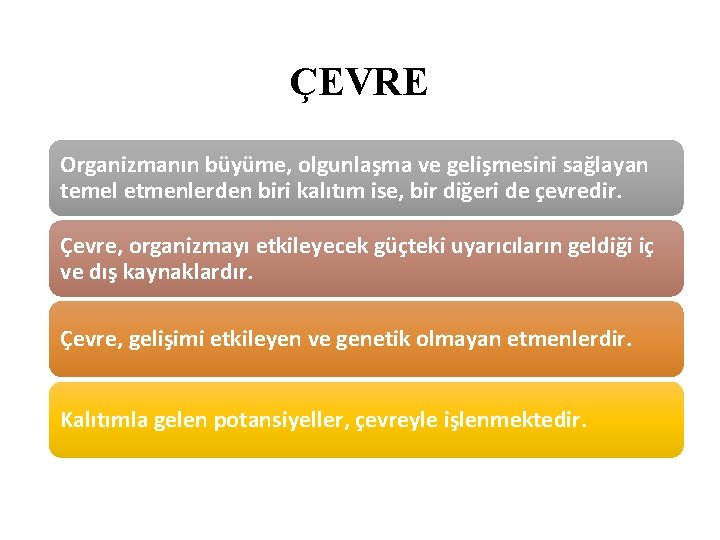 ÇEVRE Organizmanın büyüme, olgunlaşma ve gelişmesini sağlayan temel etmenlerden biri kalıtım ise, bir diğeri