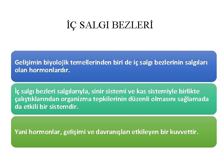 İÇ SALGI BEZLERİ Gelişimin biyolojik temellerinden biri de iç salgı bezlerinin salgıları olan hormonlardır.