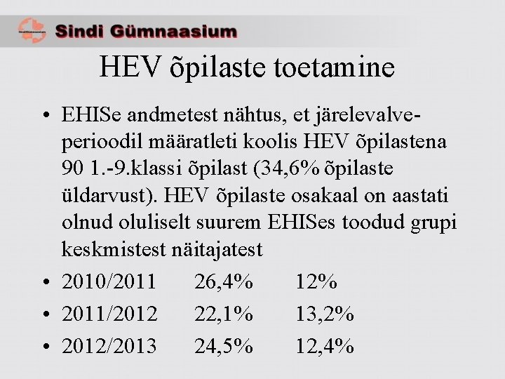 HEV õpilaste toetamine • EHISe andmetest nähtus, et järelevalveperioodil määratleti koolis HEV õpilastena 90