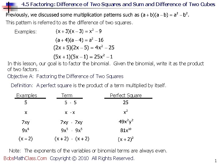 4. 5 Factoring: Difference of Two Squares and Sum and Difference of Two Cubes