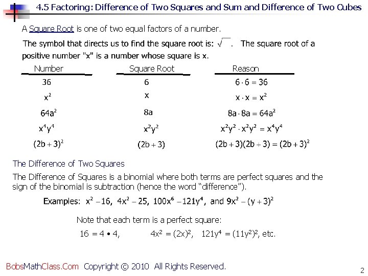 4. 5 Factoring: Difference of Two Squares and Sum and Difference of Two Cubes