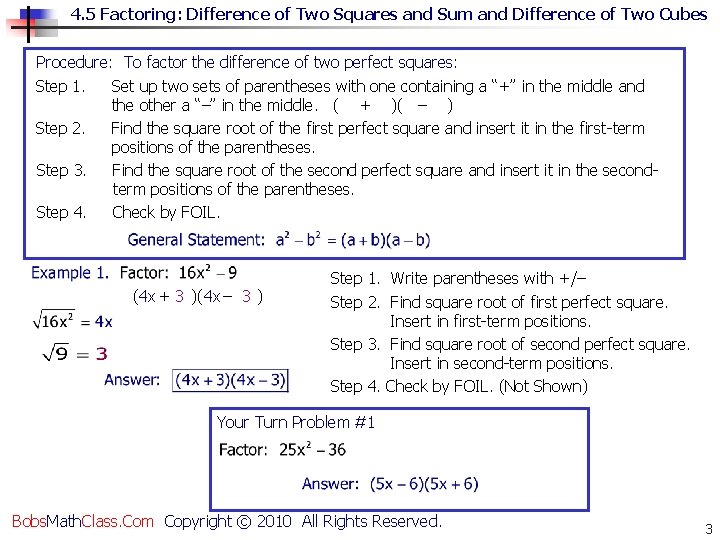 4. 5 Factoring: Difference of Two Squares and Sum and Difference of Two Cubes