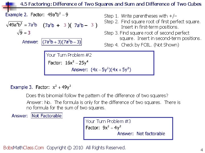 4. 5 Factoring: Difference of Two Squares and Sum and Difference of Two Cubes