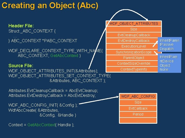 Creating an Object (Abc) Header File: WDF_OBJECT_ATTRIBUTES Struct _ABC_CONTEXT { … } ABC_CONTEXT *PABC_CONTEXT