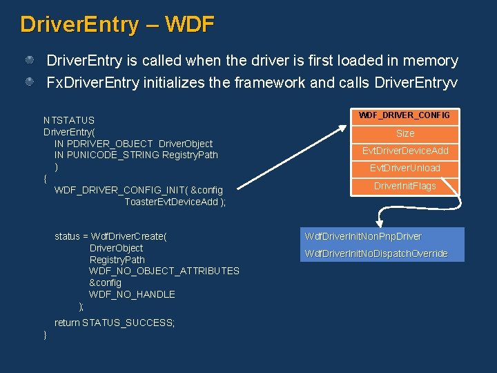 Driver. Entry – WDF Driver. Entry is called when the driver is first loaded