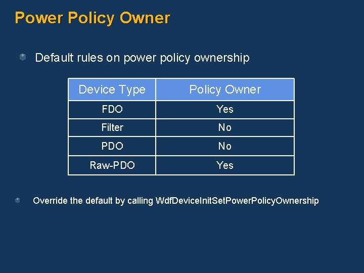 Power Policy Owner Default rules on power policy ownership Device Type Policy Owner FDO