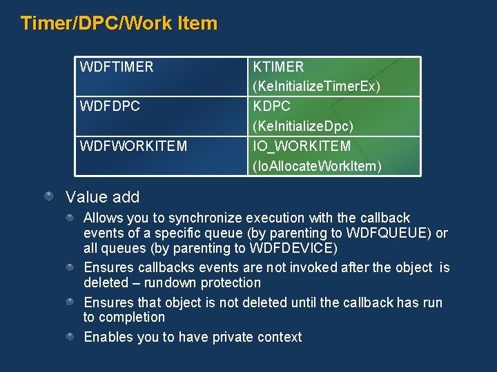 Timer/DPC/Work Item WDFTIMER WDFDPC WDFWORKITEM KTIMER (Ke. Initialize. Timer. Ex) KDPC (Ke. Initialize. Dpc)