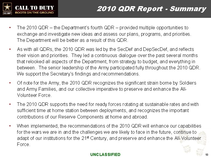 2010 QDR Report - Summary • The 2010 QDR – the Department’s fourth QDR