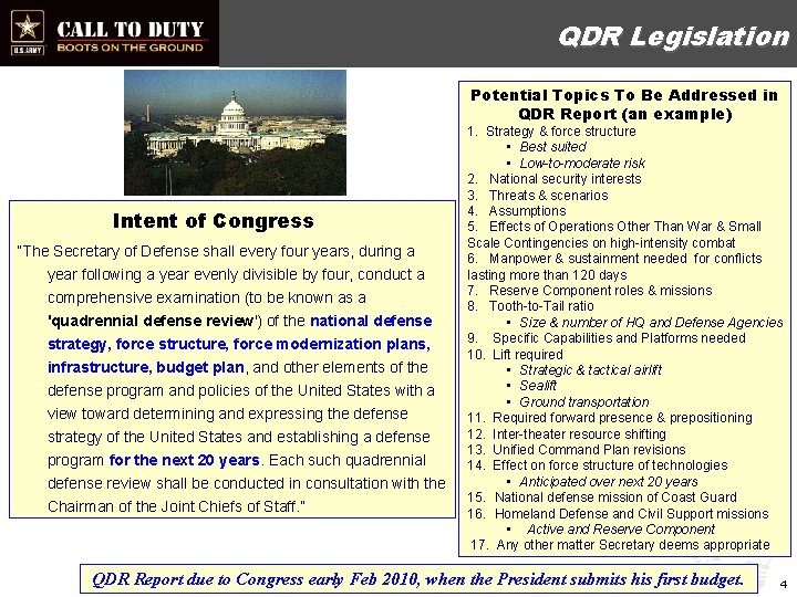 QDR Legislation Potential Topics To Be Addressed in QDR Report (an example) Intent of
