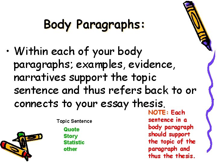 Body Paragraphs: • Within each of your body paragraphs; examples, evidence, narratives support the