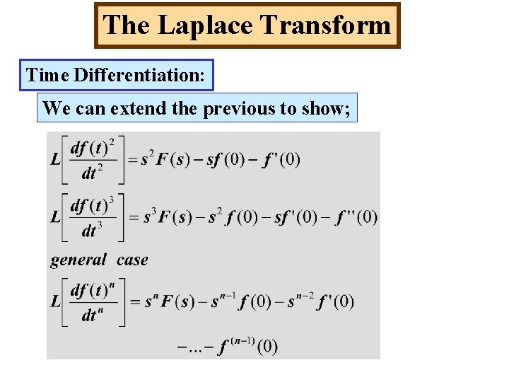 The Laplace Transform Time Differentiation: We can extend the previous to show; 
